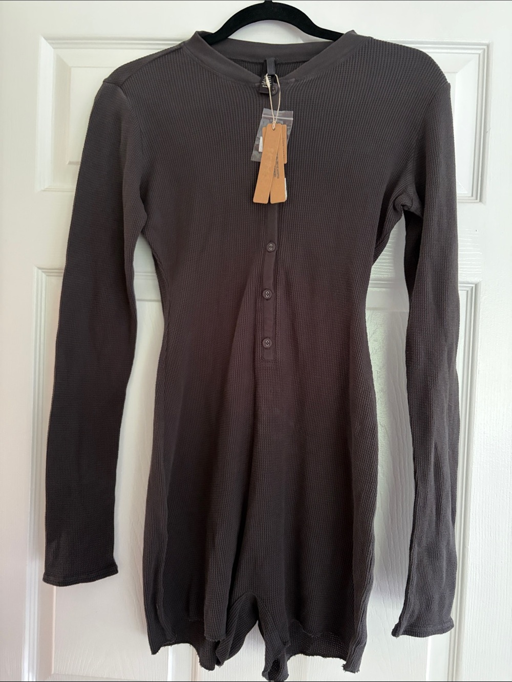 SKIMS Long Sleeve Ribbed Henley Bodysuit Romper - Charcoal Gray